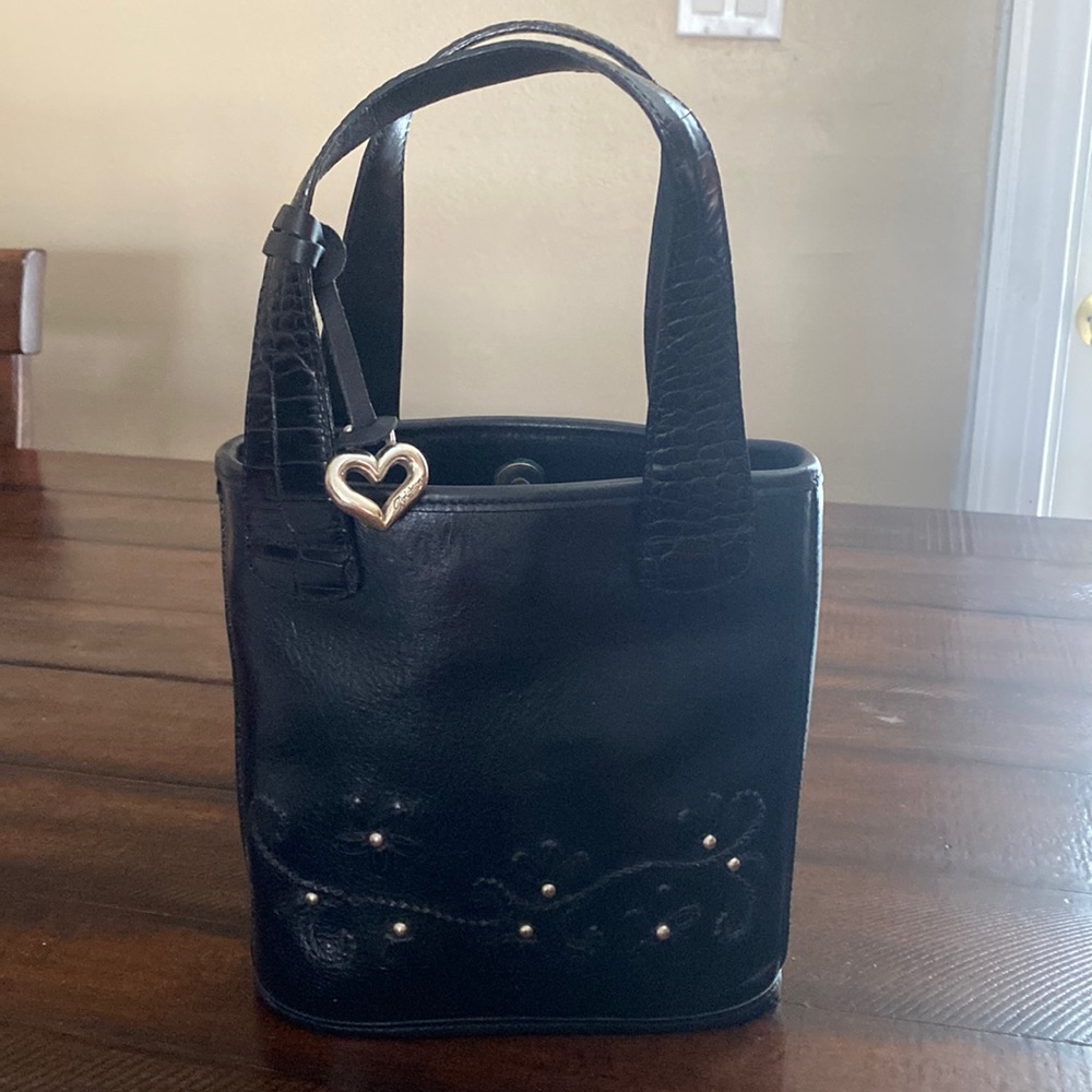 BRIGHTON Black Leather Embroidered Mini Tote